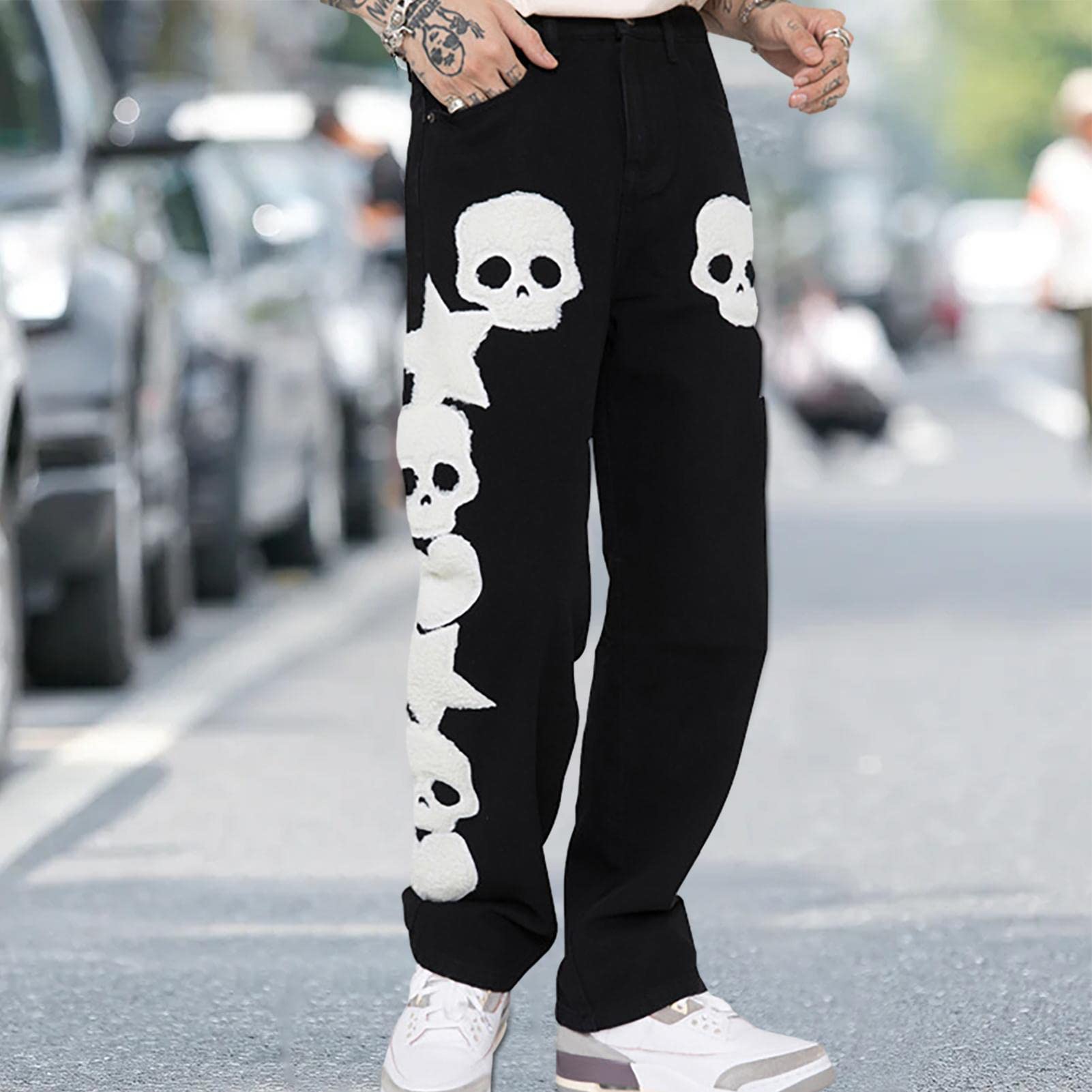 Calça cargo masculina Y2k Skull Jeans, Hip Hop, caimento solto dos